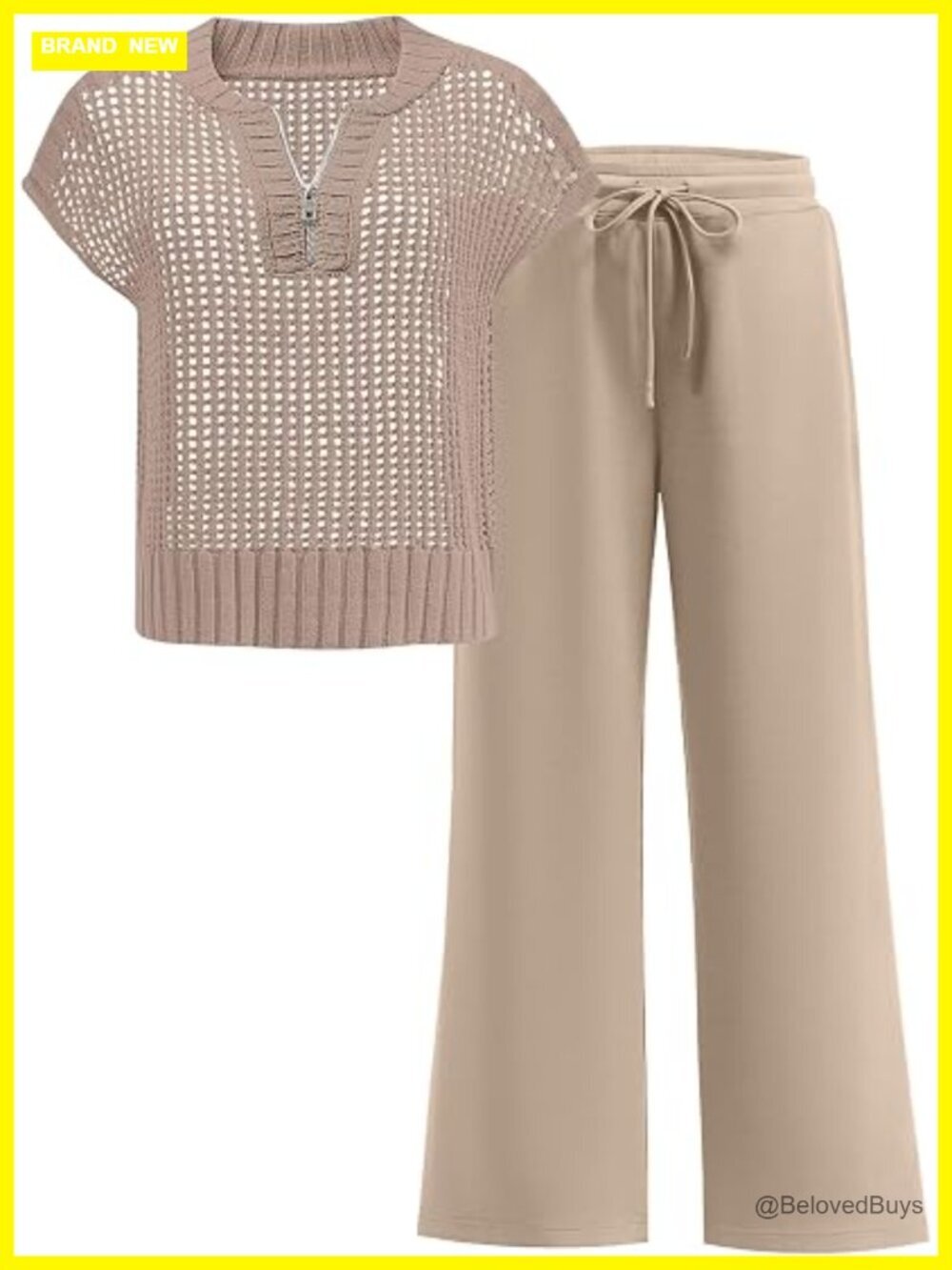 Crochet Knit Half Zip Sweater Top Wide Leg Pants Lounge Matching Set